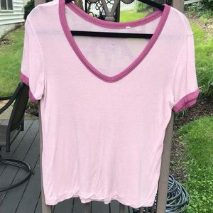 pink v neck baseball tee